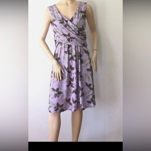 LANDS END Women’s Purple w/ Green Leaf Print Faux Wrap Dress